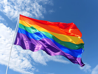 The rainbow flag flies proudly in the sky with clouds, symbolizing pride and unity.