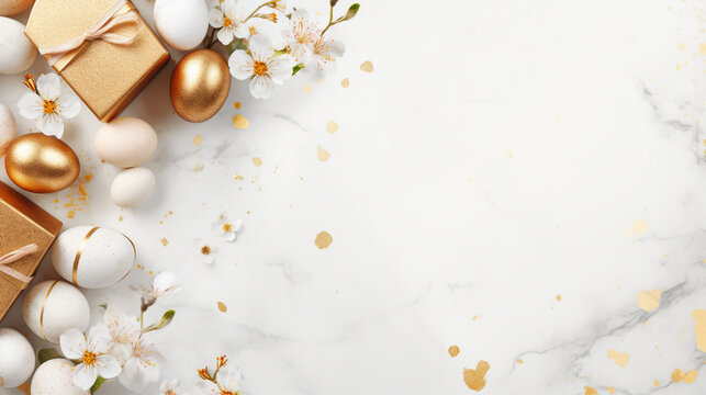 Elegant Easter Delight: Golden Eggs, Cherry Blossoms, and Eco-Wrapped Gifts on a Beautifully Lit White Background for Joyful Spring Celebrations and Festive Holiday Concepts