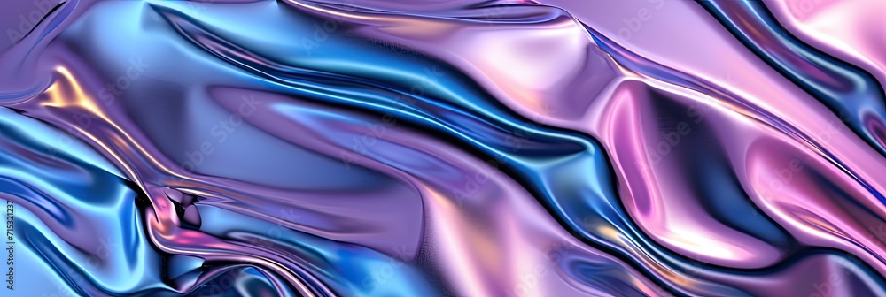 Poster iridescent chrome wavy gradient cloth fabric abstract background, ultraviolet holographic texture.