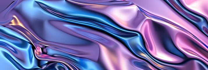 Iridescent chrome wavy gradient cloth fabric abstract background, ultraviolet holographic texture.