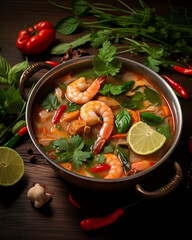 Thai Spicy shrimp Soup. Tom Yum Kung. Thai spicy soup with ingredients.