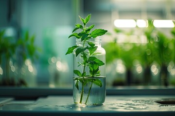 Plant research, green plant in a glass jar in a laboratory. Ecological breeding and plant development.