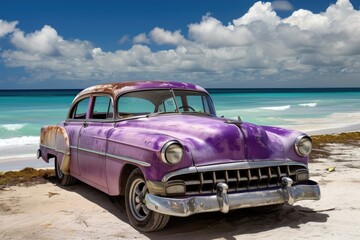 Vintage purple American car in Cuban coast