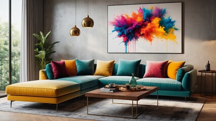 modern living room with colorful sofa