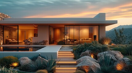 A house at desert landscaping at night time, Outdoor seating. Generative AI.