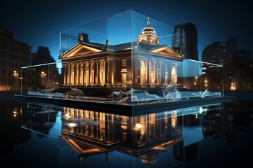 Financial Institution with Reflective Glass, on an isolated Navy Blue background, Generative AI