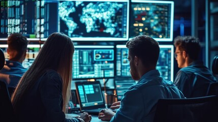 Group of young college cyber security expert looking at screens in a bright room. Generative AI.