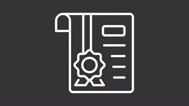 Animated certificate white icon. Paper with seal line animation. Graduation completion document. Official paper. Black illustration on white background. HD video with alpha channel. Motion graphic