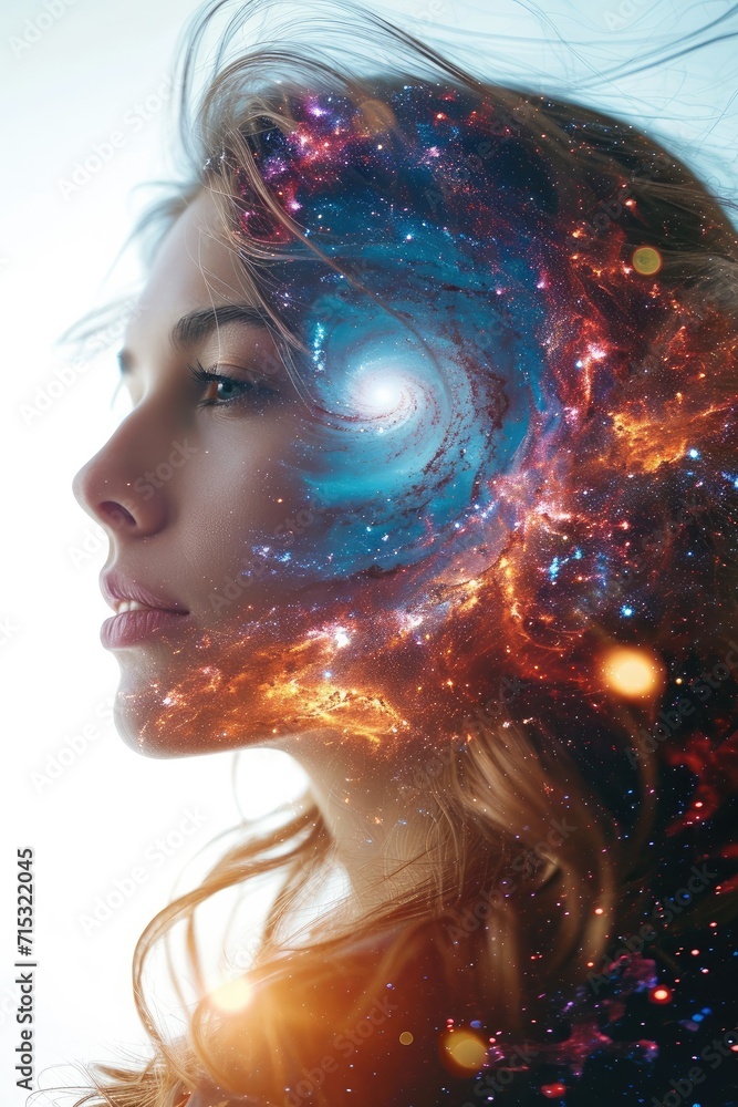Poster a double exposure photograph of a beautiful woman and a wormhole in deep space. generative ai.