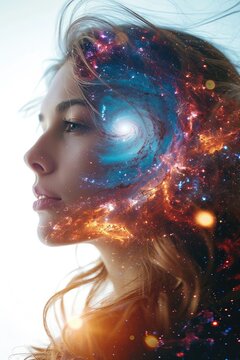 A double exposure photograph of a beautiful woman and a wormhole in deep space. Generative AI.