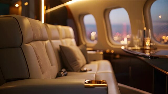 The perfect balance of comfort and functionality, this private jets business suite boasts a modern aesthetic, stateoftheart technology, and a captivating view of city lights ling in the distance.