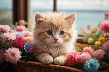 A cute kitten in a basket with flowers,gift ideas for girls. - obrazy, fototapety, plakaty