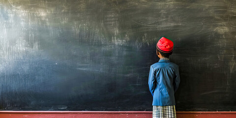 School pupil student standing near black board in classroom, learning, education, teaching, generated ai