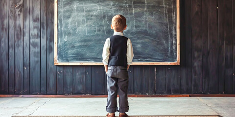 School pupil student standing near black board in classroom, learning, education, teaching, generated ai