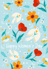 Illustration with flowers and birds. Vector design concept for International Women s Day and other