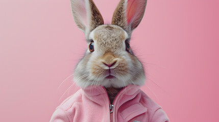 Cute Rabbit Wearing a Jacket on Pink Background