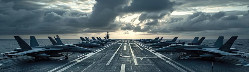 Foto op Plexiglas A fighter jet launching from the deck of an aircraft carrier, demonstrating military aviation prowess. © Murda