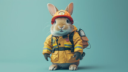 Cute Rabbit in Firefighter Uniform on Blue Background - obrazy, fototapety, plakaty