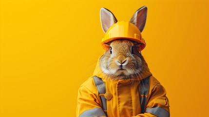 Cute Rabbit Dressed as a Construction Worker in an Orange Helmet - obrazy, fototapety, plakaty