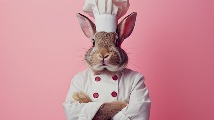Fototapeta premium Rabbit Cooks in Chef Costume on Pink Background