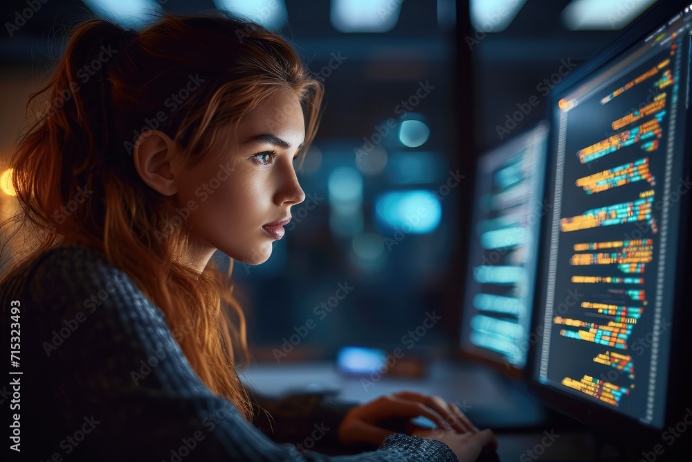 Poster A female student coding a piece of software. Generative AI.