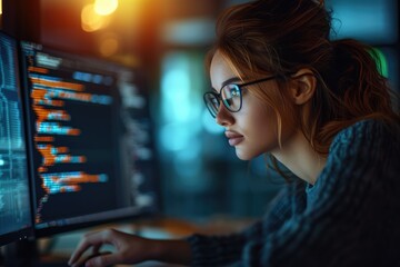 A female student coding a piece of software. Generative AI.