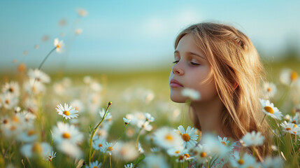 A girl in a field with flowers and a hat. Beautiful young brunette girl with straw hat walks in a field with a bunch of little daisies. Girl in daisies against the background of meadows.