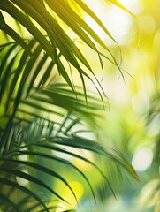 blurred palm leaf background with close-up of a palm frond arch in sunlight, tropical vegetation background - generative ai