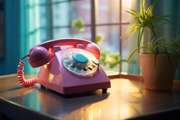Vintage retro pink telephone and houseplants on table against of the window.Concept of 70s and 80s.