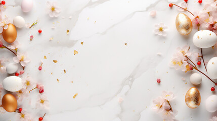 Captivating Easter Scene: Marble Eggs, Cherry Blossoms, and Confetti in Beautiful Light, Top View on White Background, Perfect for Microstock Sales and Creative Projects