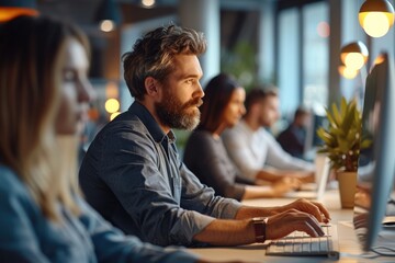 Obraz premium Software engineers working in front of their computers, Contemporary office environment, daylight. Generative AI.