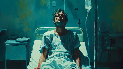 Painting of a Man Laying in a Hospital Bed - obrazy, fototapety, plakaty