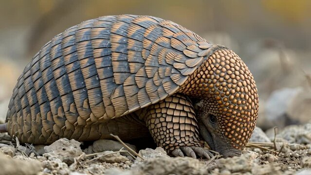 Closeup of a larger armadillo tucking its head under its body as it rolls into a ball a defensive move to shield itself from predators