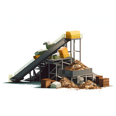 Recycling facility with conveyor belt of materials isolated on white background, minimalism, png
