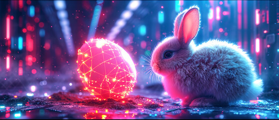 Techno Easter Bunny rabbit and egg, glowing futuristic stile with bright neon lights, mixing tradition with high-tech fun. AI generated