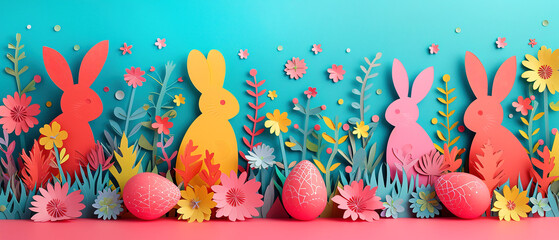 Easter banner background featuring a festive holiday greeting. Crafted in a delightful paper-cut 3D style, the scene is adorned with cheerful a bunny, vibrant flowers, and eggs. AI generated - obrazy, fototapety, plakaty