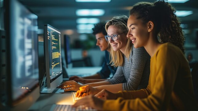 Two female software engineers talking, working and excited about a breakthrough as software code displayed on screen. Generative AI.