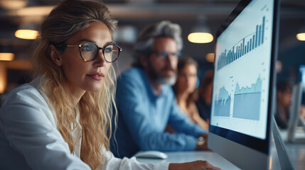 Focused diverse colleagues analyzing data on PC minimalist superb clean. Generative AI.