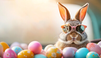 Fototapeta na wymiar Easter bunny wearing sunglasses and colored eggs. AI generated