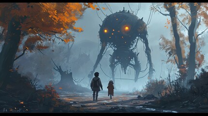 Fototapeta premium Children Encounter Mysterious Guardian in Autumn Forest - A Digital Art Illustration of Phantom Nurturers Protecting Vulnerable Beings in a Parallel Universe