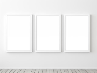 Three white frame wall poster mockup, white wall minimal room, white wooden floor, clean and minimal