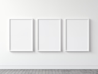 Three white frame wall poster mockup, white wall minimal room, white wooden floor, clean and minimal