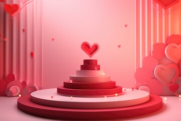 3D Valentine's day abstract background with red hearts and podium showcase for product presentation. Geometric shape for product display presentation, promotion display.