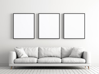 Three Black frame posters mockup, Living room interior with gray velvet sofa, pillows, minimal living room