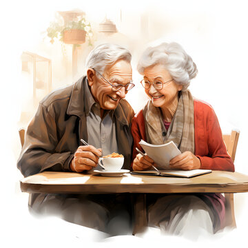 Senior couple discussing retirement plans isolated on white background, sketch, png
