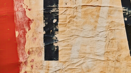 Old ripped torn grunge posters and backgrounds creased crumpled paper backdrop surface placard. red white black brown olad paper poster. copy space