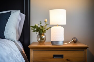 touch lamp with frosted glass on a dark nightstand