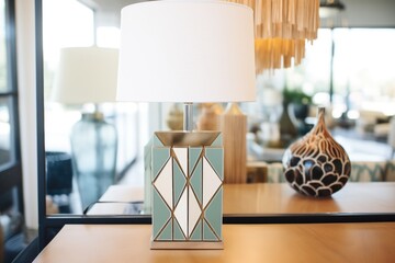 art deco inspired lamp with geometric shade on mirrored table - obrazy, fototapety, plakaty