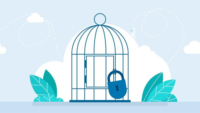 Birdcage with a lock. Prison gate. Vintage empty birdcage of metal jail with closed door isolated on white background. Birdcage. Steel traps. Vintage bird cage. Flat style. 2d flat animation	
