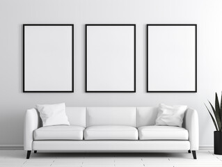 Three Black frame wall prints hang on a minimal white room with a white sofa, clean and minimal room interior